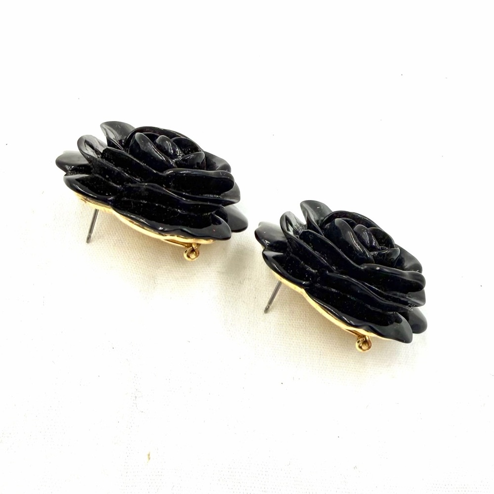 Vintage KJL Kenneth Jay Lane Black Rose Flower Resin Earrings - Picture 8 of 11
